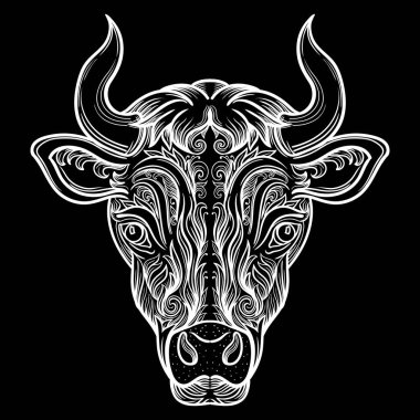 Dekoratif desen ellement ile boğa. Siyah arka plan üzerine beyaz. Hat sanatı zentangle. Boyama. Vektörel clipart