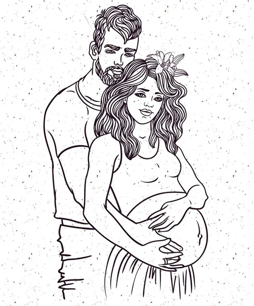Mujer Embarazada Con Marido Feliz Tener Bebé Arte Línea Dibujado — Archivo Imágenes Vectoriales