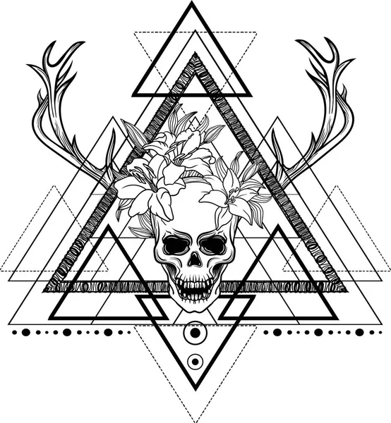 ブラックワーク タトゥー フラッシュ 人間の頭蓋骨とドリーム キャッチャー ユリ一辺種と鹿の角 Vector Tattoo 神秘的なシンボルです 神聖な幾何学の — ストックベクタ
