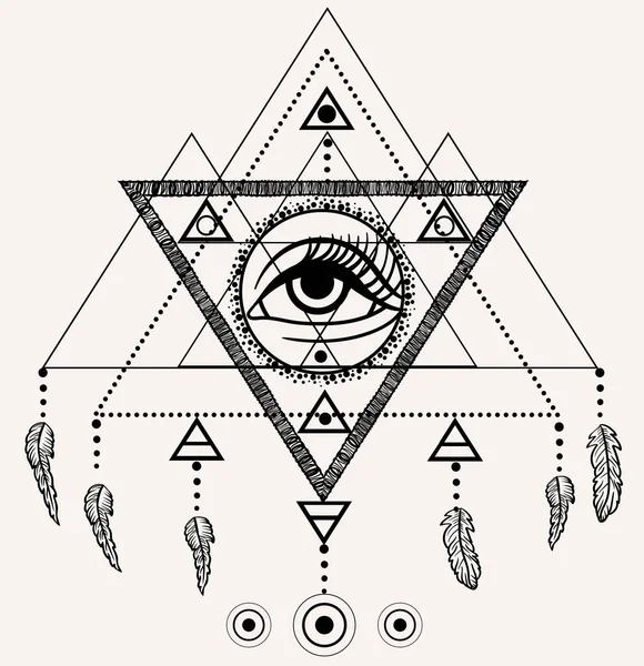 Blackwork Tattoo Flash Dreamcatcher Met Hemelse Oog Veren Driehoekige Piramide — Stockvector