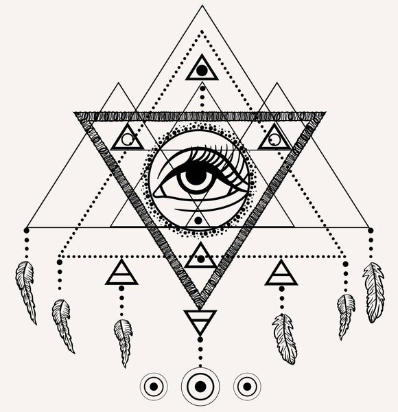 Blackwork tattoo flash. Dreamcatcher with third eye, feathers and triangular pyramid. Vector. Tattoo design, mystic symbol. New school dotwork. Boho hipster style. Navajo jewelry decorations.