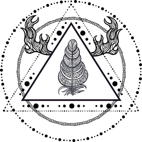 Blackwork Tattoo Flash Dreamcatcher Triangular Shape Pyramids Feathers Deer Antlers — Stock Vector