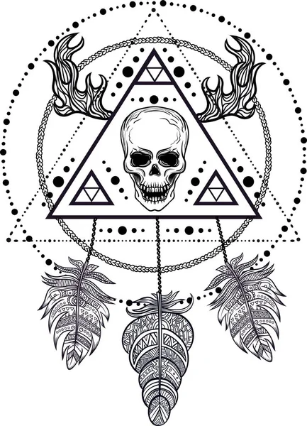 Blackwork Tattoo Flash Dreamcatcher Human Skull Feathers Deer Antlers Vector — Stock Vector