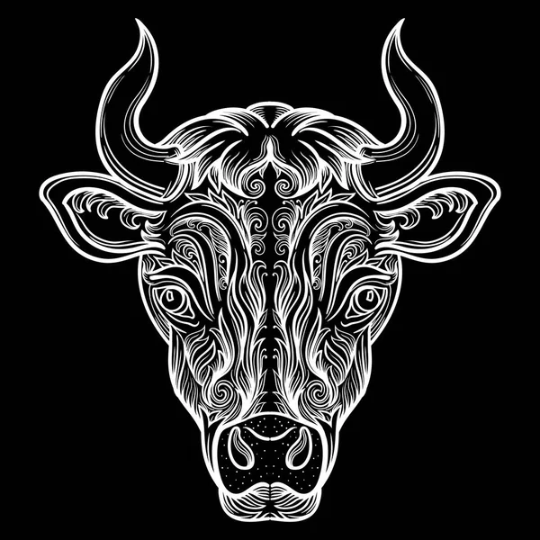 Bull Ellement Dekorativní Vzor Bílá Černém Pozadí Umění Zentangle Linky — Stockový vektor