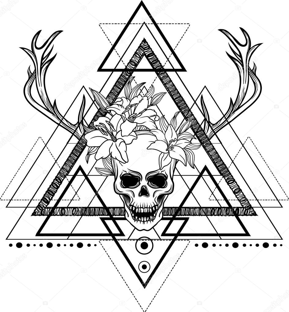 Blackwork tattoo flash. Dreamcatcher with human skull,lily flover and deer antlers.Vector.Tattoo, mystic symbol. Sacred geometry dotwork.Boho hipster design.Navajo jewelry decorations.T-shirt print