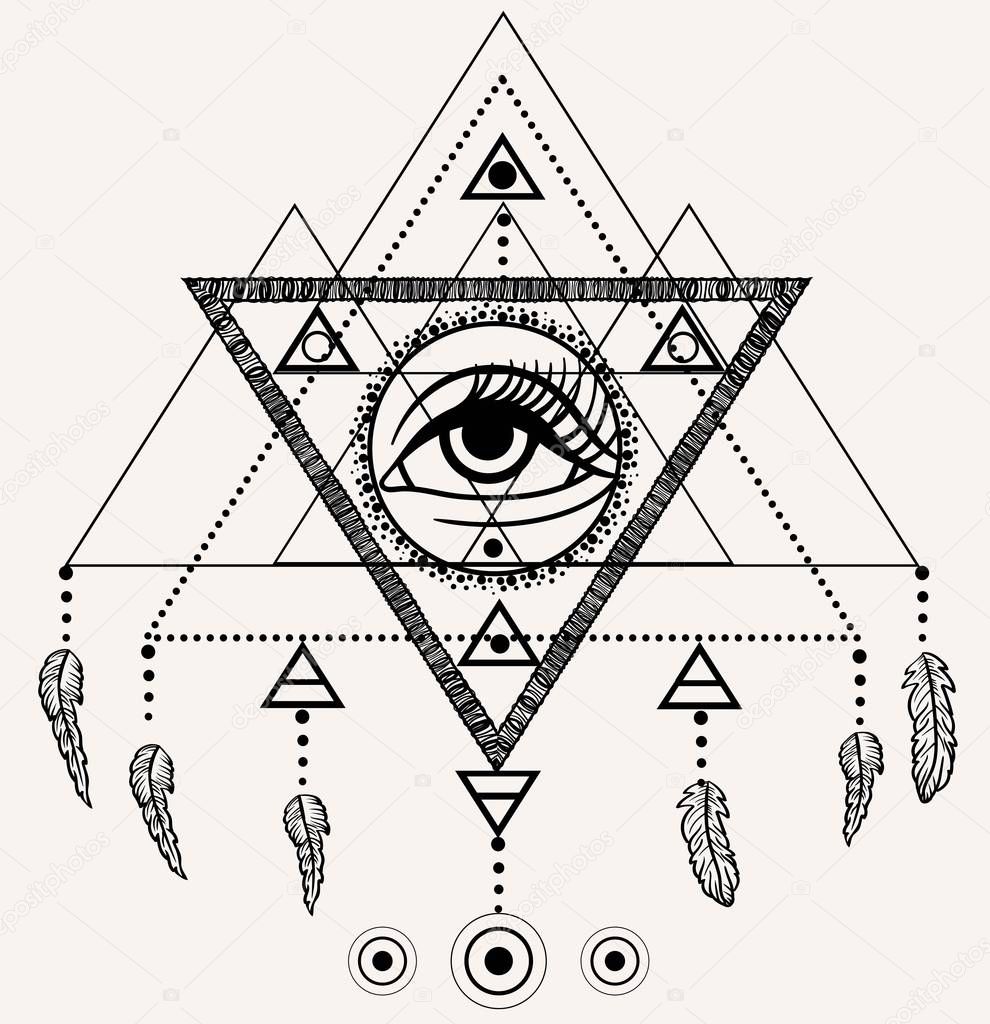Blackwork tattoo flash. Dreamcatcher with third eye, feathers and triangular pyramid. Vector. Tattoo design, mystic symbol. New school dotwork. Boho hipster style. Navajo jewelry decorations.