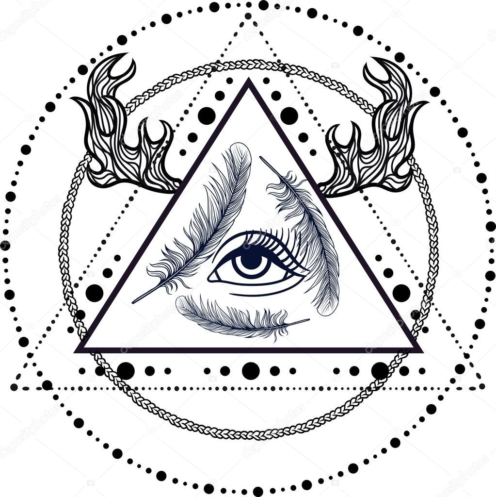 Blackwork Tattoo Flash Dreamcatcher Third Eye Feathers Deer Antlers Vector Stock Vector Image By C Shik Shik 129510446