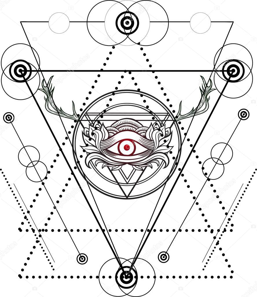 Blackwork dotwork tattoo. Eye of Providence. Masonic symbol. All seeing eye and deer horns inside triangle pyramid.Sacred geometry, religion, spirituality, occultism. Isolated vector illustration.