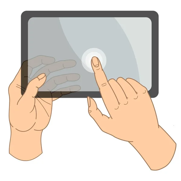Menschliche Hände halten einen Touchscreen-Tablet-Computer. lizenzfreie Stockvektoren
