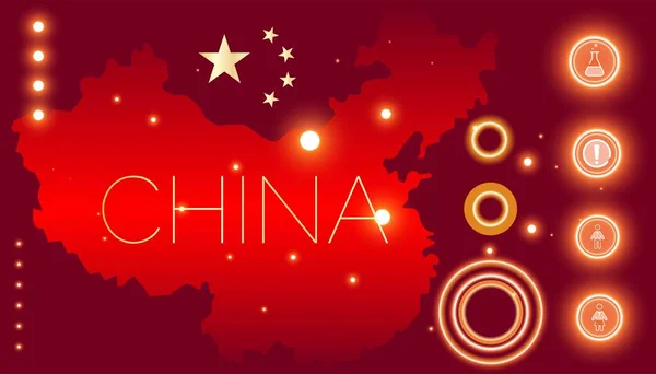 Infografische kaart van China, vlag. Pictogrammen van man en vrouw, uitroepteken van gevaar en teken van geneeskunde en geneeskunde. Voorraadvectorgrafieken Stockillustratie