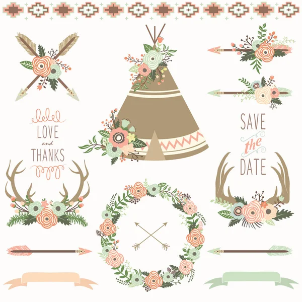 Boda Floral Teepee Tribal Set — Vector de stock