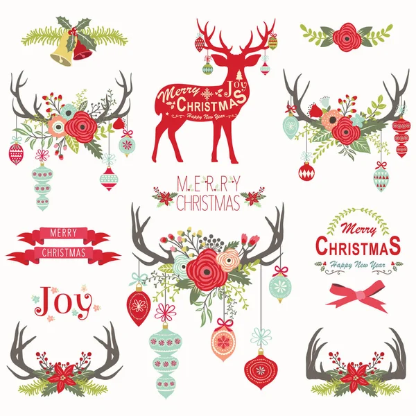 Navidad Floral Antlers Elementos — Vector de stock