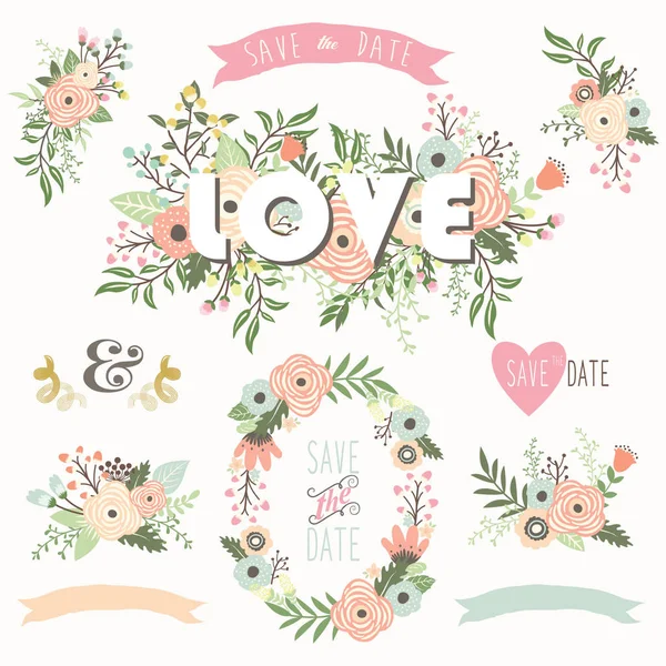 Floral Love Wreath Elements — Stock Vector