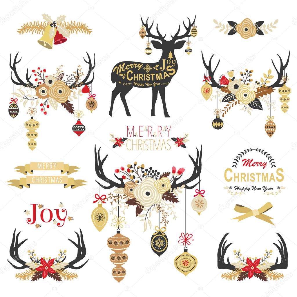 Gold Christmas Floral Antlers Elements