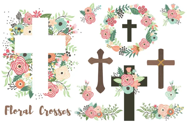 Vector Floral Crosses Elemek Készlet — Stock Vector