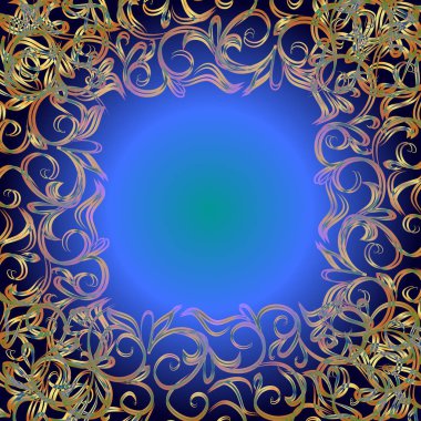 Altın renkli süs sınır ile mavi arka plan. İllüstrasyon.