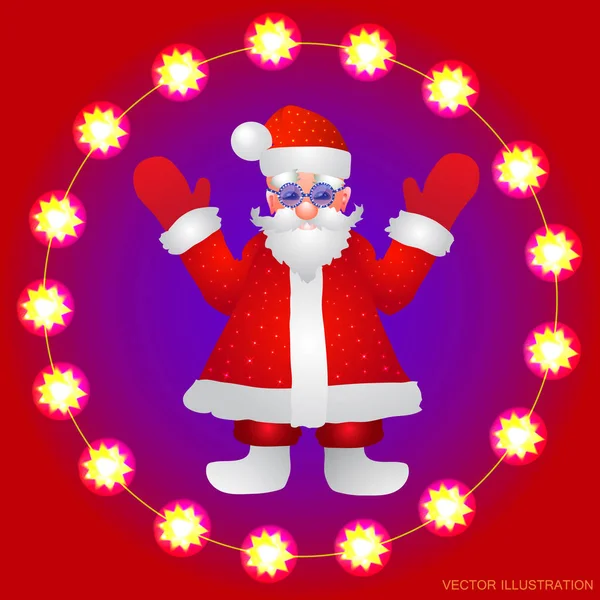 Achtergrond met een afbeelding van de kerstman met handen omhoog op een rode achtergrond. Vectorillustratie. — Stockvector