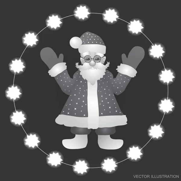 Achtergrond met een afbeelding van de kerstman met handen omhoog op een achtergrond wit-zwart. Vectorillustratie. — Stockvector