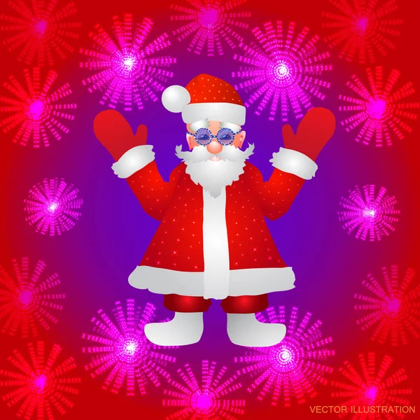 Achtergrond met een afbeelding van de kerstman met handen omhoog op een rode achtergrond en gestileerde lichtgevende bloemen. Vector. — Stockvector