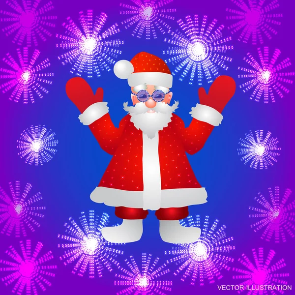 Achtergrond met een afbeelding van de kerstman met handen omhoog op een blauwe achtergrond en gestileerde lichtgevende bloemen. Vector. — Stockvector