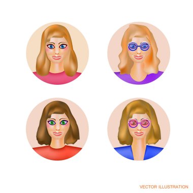 Resimde avatarlar kadınlarla. Kadınlar bir dizi çizgi film görüntüsü. Duygu, yüz, avatarlar. Vektör çizim.