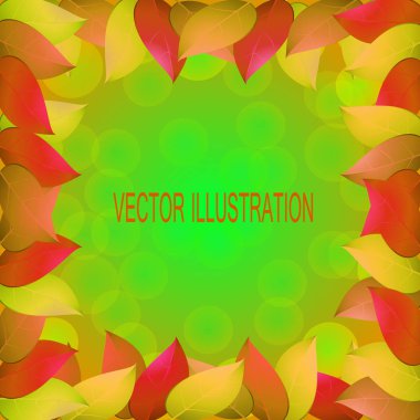 Sarı yaprakları ile fantastik sonbahar arka plan. Hisse senedi vektör çizim yeşil, kırmızı ve sarı renklerde.