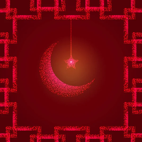 Bright red illustration with moon and star. Design template for greetings islam cards, posters, banners, invitations. Beautiful and magic moon.