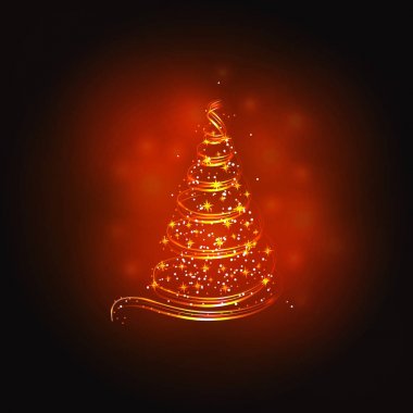 Altın arka plan ile Noel ağacı ve yıldız. Kırmızı ve altın renkleri parlak çizimde. İllüstrasyon.
