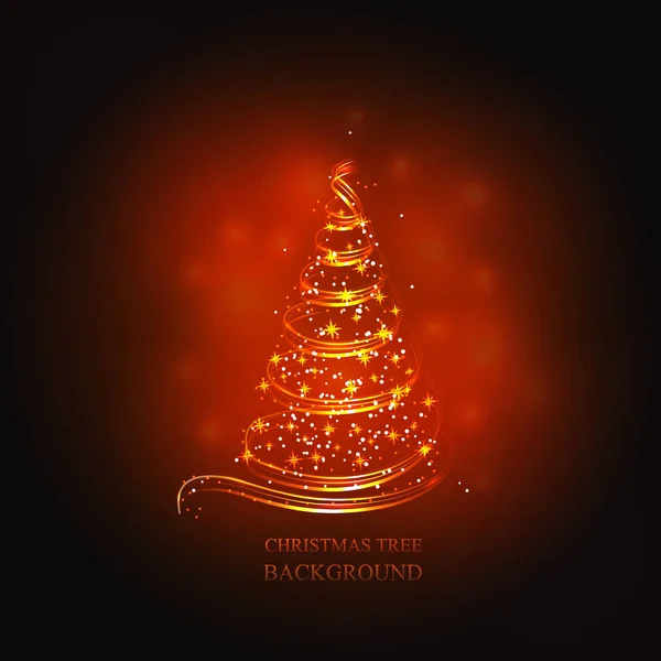 Abstrakter roter Hintergrund mit goldenem Weihnachtsbaum, Lichtern und Sternen. Vektorabbildung in rot und gold. — Stockvektor