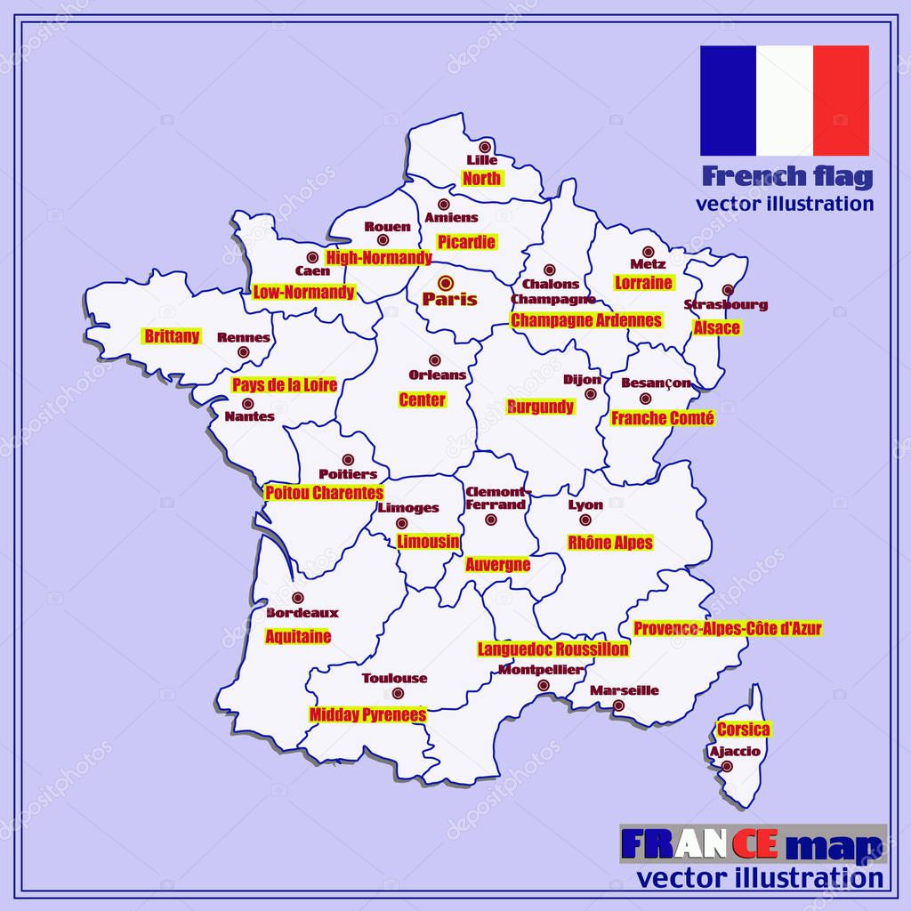 Mapa da França com regiões francesas. Vector — Vetores de Stock