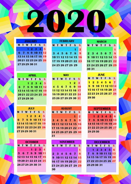 Diseño colorido para el calendario 2020. Calendario brillante en inglés. Ilustración . —  Fotos de Stock