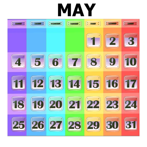 Colorful calendar for May 2020 in english. Set of buttons with calendar dates.