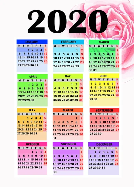 Calendario Año 2020. Diseño colorido para el calendario 2020 con rosa pintada . —  Fotos de Stock