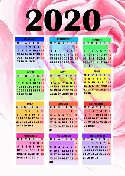 Calendario Año 2020. Diseño colorido para el calendario 2020 con rosa pintada . —  Fotos de Stock