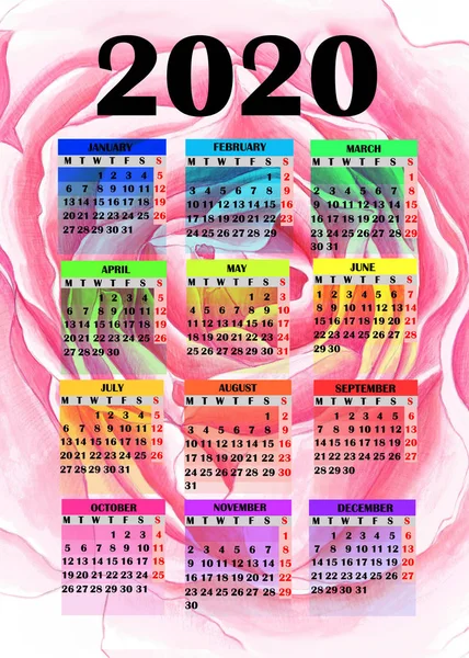 Calendario Año 2020. Diseño colorido para el calendario 2020 con rosa pintada . —  Fotos de Stock