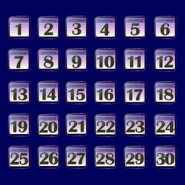 Kasım ayı için takvim tarihli düğmeler.