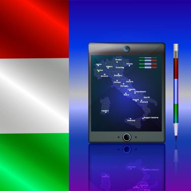 İtalya haritası, tablet, bilgisayar ve telefon ile arka plan. Parlak resimleme.