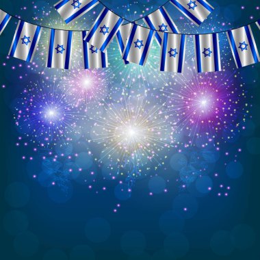 İsrail bayraklarıyla parlak bir havai fişek. Web tasarımı için bayraklı illüstrasyon.