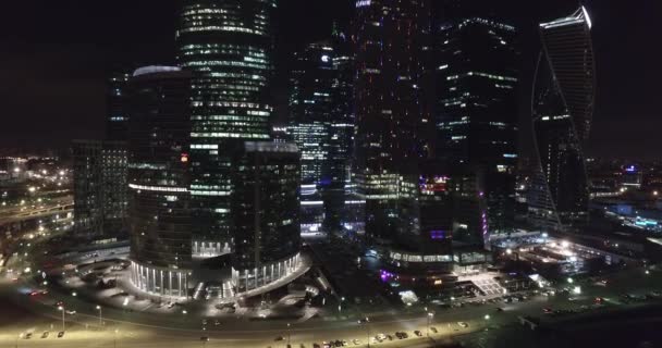 Aerial Shooting Night Oficinas Negocios Edificios Moscú Por Noche — Vídeos de Stock