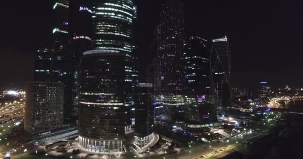 Aerial Skytte Natt Business Kontor Byggnader Moscow Natten — Stockvideo