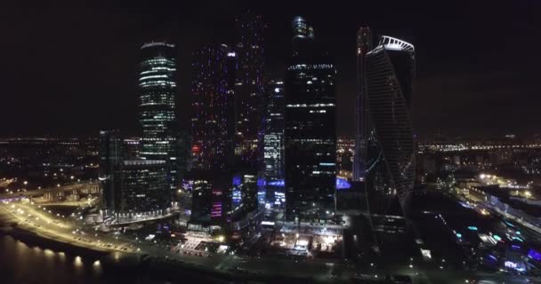 Riprese Aeree Edifici Uffici Notturni Mosca Notte — Video Stock