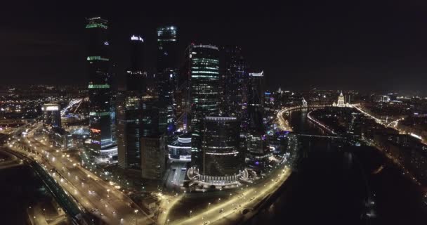 Ночь Воздушной Съемки Офисные Здания Москве Ночью — стоковое видео