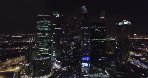 Luchtfoto Schieten Nacht Zakelijke Kantoren Gebouwen Moskou Nacht — Stockvideo