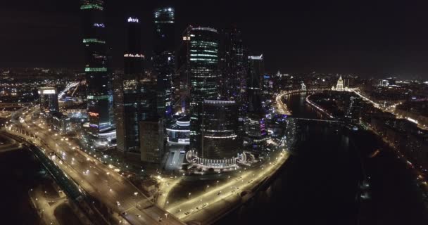 Aerial Skytte Natt Business Kontor Byggnader Moscow Natten — Stockvideo