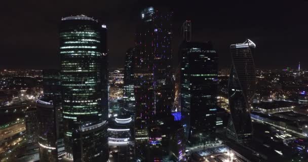 Aerial Shooting Night Business Offices Buildings Moscow Night — Stock Video