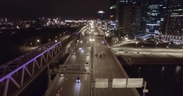 Luchtfoto Schieten Nacht Zakelijke Kantoren Gebouwen Moskou Nacht — Stockvideo