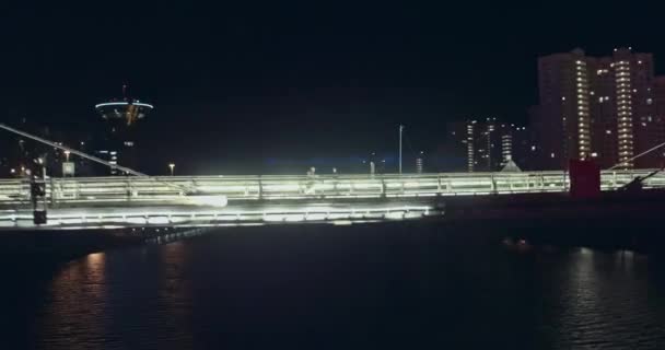 Aerial night Pavshinsky bridge with pedestrians — Stock Video