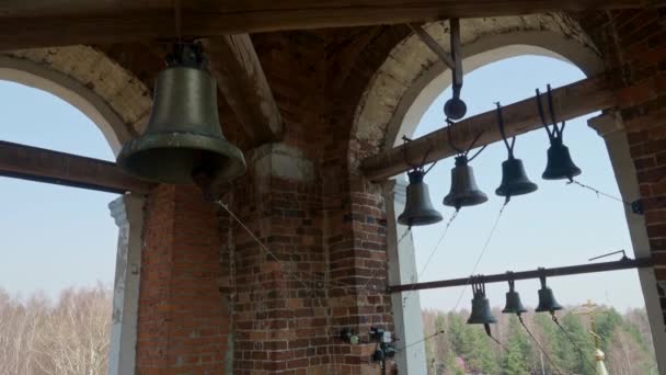 Muchas campanas de iglesia sonando en el campanario de la iglesia — Vídeos de Stock