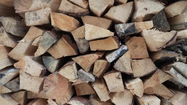 A pattern of wood stacked in a woodpile moves smoothly to the right. — Stock Video