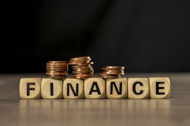 Madeni para yığınları üzerinde kelime finans montaj mektup blok